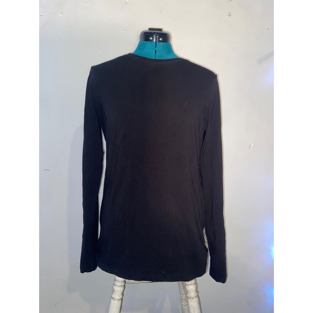 Nautica Mens Long Sleeve Crewneck T-Shirt Black Cotton Stretch Size M Logo Tee - Picture 3 of 5